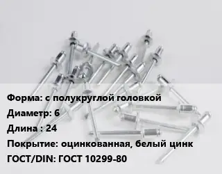 Заклепка с полукруглой головкой 6х24 оцинкованная, белый цинк ГОСТ: ГОСТ 10299-80